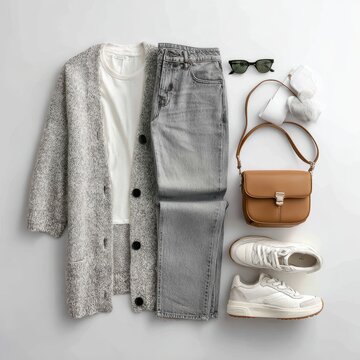 Laid-flat showcasing a curated collection of everyday essentials for a relaxed, stylish, comfortable look.
