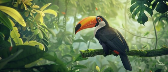 Naklejka premium A brightly coloured toucan perched on a branch in the jungle – an exotic backdrop for travel, environmental organisations or children’s books about nature.