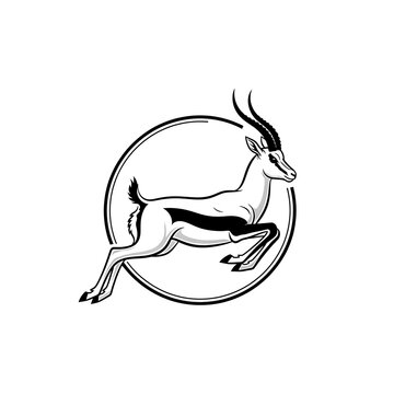 Black and white gazelle or springbok leaping in a circular emblem illustration