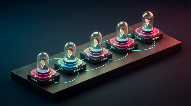 AI Employee Lifecycle Orchestration Stepped Journey Wide Isometric 3D Visualization for Enterprise HCM Technology
