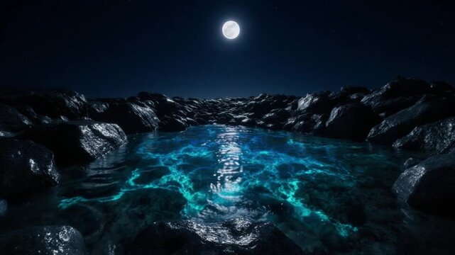 夜の潮だまり・月明かり生物発光ターコイズ光映像神秘的