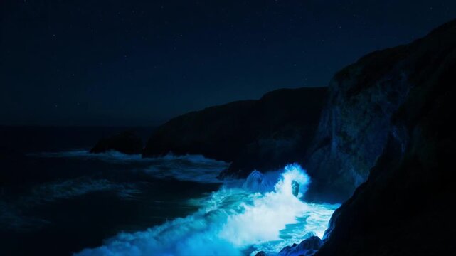 夜光虫が輝く湾全体を上昇クレーンで映し出す壮大な空撮風景映像
