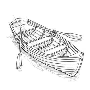 Black and white line art illustration of an empty wooden rowboat with oars
