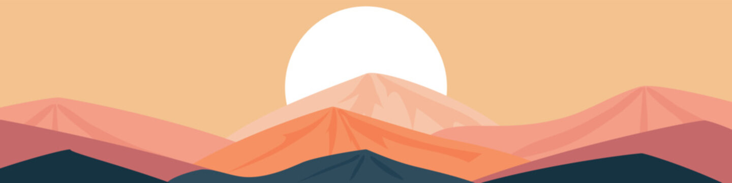 Abstrakte Landschaft mit Bergen und H&uuml;geln. In Rosat&ouml;nen. Die Berge des Mars mit der Sonne im Zentrum. Vektorillustration.