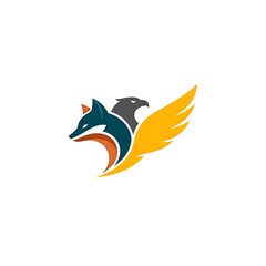 Obraz premium Stylized fox and eagle heads combined with a dynamic golden wing logo design
