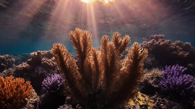 夕陽の光が注ぐカラフルなサンゴ礁・熱帯魚と光線の共演