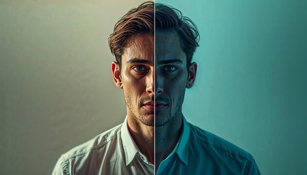 Conceptual split portrait of a man with two different lighting styles, bipolar disorder, and dual personality concept, Generative AI