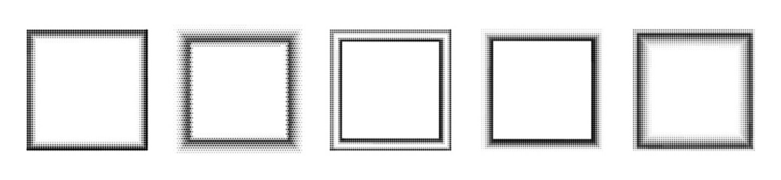 Halftone dotted frames set. Isolated vector gradient dotted square shape design elements for collages, banners