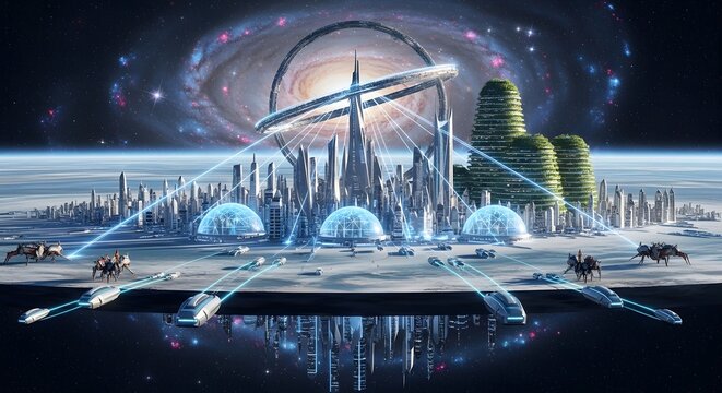 An awe-inspiring futuristic cityscape illuminated by glowing conduits on a disc world, with advanced transport systems under a vast, ringed galaxy in a breathtaking sci-fi vision