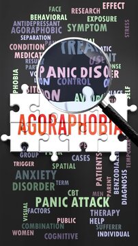 Agoraphobia under magnifying glass, being researched, studied and examined. Most important subjects and ideas related to agoraphobia written around a puzzle to symbolize complexity of agoraphobia.