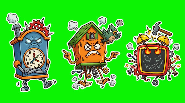 Cartoon Clock Characters with Angry Expressions on Green Background.