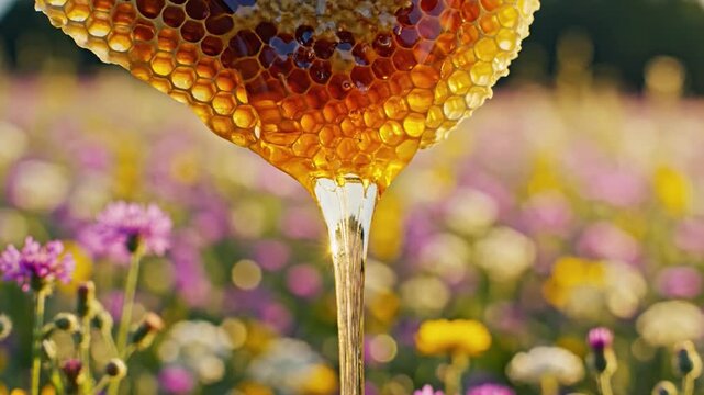 Thick Syrupy Honey Oozes From A Honeycomb Over A Vibrant Field of Wildflowers