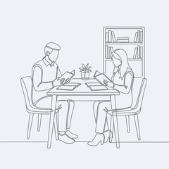 Fototapeta premium Couple reading books at table with bookshelf, continuous line drawing