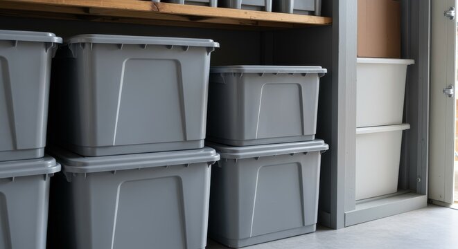 Plastic storage bins with tight lids stacked in garage style shelving for robust home order