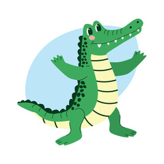 Fototapeta premium Cartoon crocodile character with a friendly expression, standing upright with arms outstretched against a light blue circular background