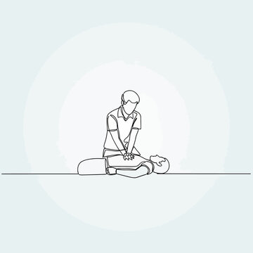 One Line Drawing CPR Training: Rescuer Performing Chest Compressions on Patient