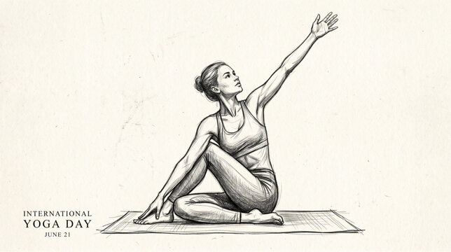 Yoga exercise illustration with female practicing seated twist pose on mat in minimal sketch style for fitness training guide and international yoga day concept