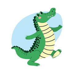 Fototapeta premium Cartoon illustration of a cheerful green crocodile with a yellow belly and black spots, standing on two legs against a light blue background