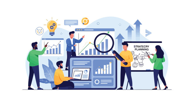 Illustration of business presentation with a pie chart and audience