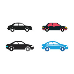Fototapeta premium Four different colored car silhouettes side view black red dark gray and blue cars on white background vehicle icons