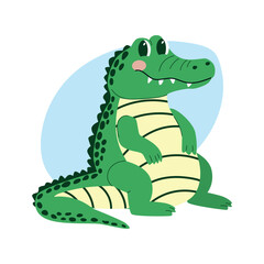 Obraz premium Cartoon crocodile character with a friendly expression, sitting on a light blue background, featuring a green body and yellow belly stripes