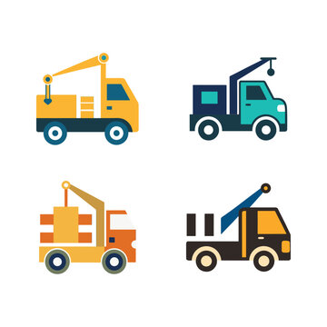 Four different colored crane trucks with booms  construction vehicles for lifting and moving heavy objects