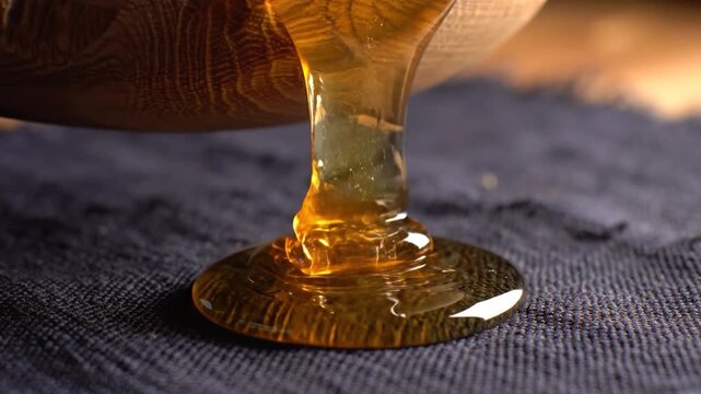 Golden Honey Drips From a Rough Hewn Wooden Bowl Onto Dark Fabric