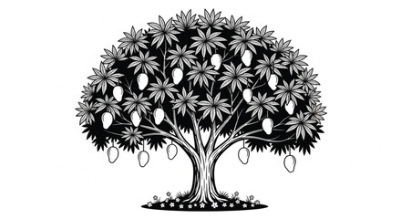 Detailed Black and White Mango Tree Vector Illustration with Dense Leaves Hanging Fruits and Decorative Floral Base in Minimal Line Art Style © MdMokles