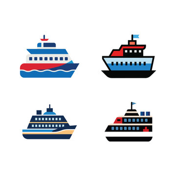 Four different colored ferry boat ship icons for travel and transportation on white background