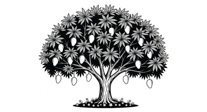 Detailed Black and White Mango Tree Vector Illustration with Dense Leaves Hanging Fruits and Decorative Floral Base in Minimal Line Art Style