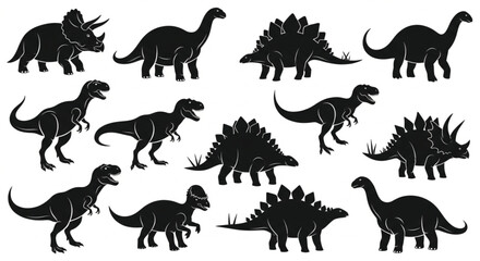 Dinosaur Silhouette Set with Multiple Prehistoric Species Including T Rex Triceratops and Stegosaurus in Clean Black Vector Collection Design © MdMokles