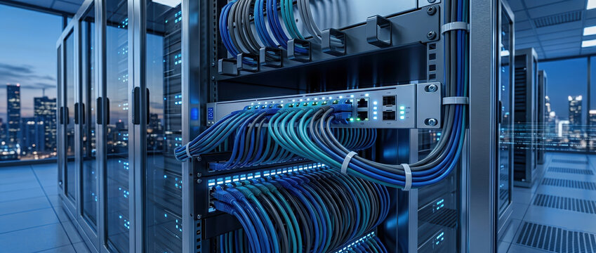 Close up of ethernet cables and switches inside modern data center rack