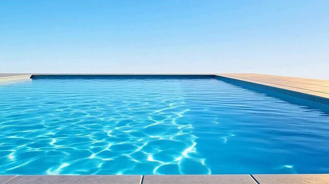 Blue pool with clear water and wooden deck