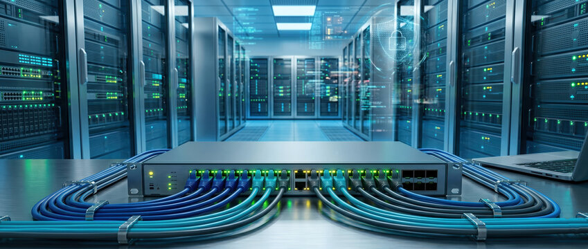 Close up of ethernet cables and switches inside modern data center rack