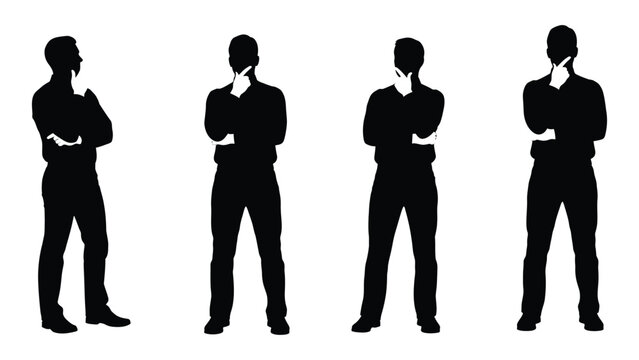 Four silhouetted men stand in thought each posing with a hand to their chin