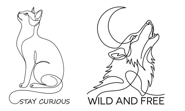 Stay Curious Wild And Free - One line drawing of a sitting cat looking up and a howling wolf head with crescent moon