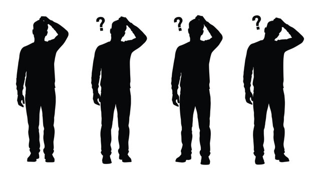 A sequence of silhouettes depicting a man progressively questioning ending with uncertainty