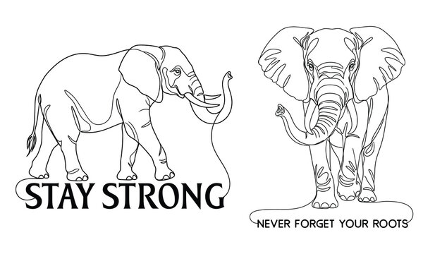 Stay Strong Never Forget Your Roots - Continuous line art of an elephant walking and an elephant face with tusks