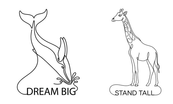 Dream Big Stand Tall - Minimalist line art of a breaching whale tail and a tall giraffe standing