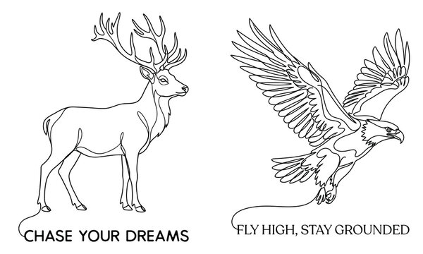 Chase Your Dreams Fly High Stay Grounded - Minimalist single line art of a majestic deer with antlers and a flying eagle vector illustration