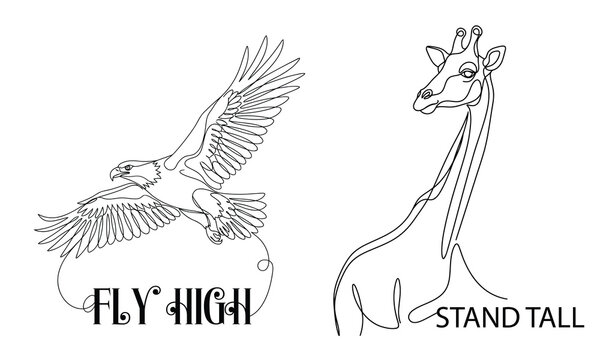 Fly High Stand Tall - Continuous line drawing of a soaring eagle and a graceful giraffe profile vector art