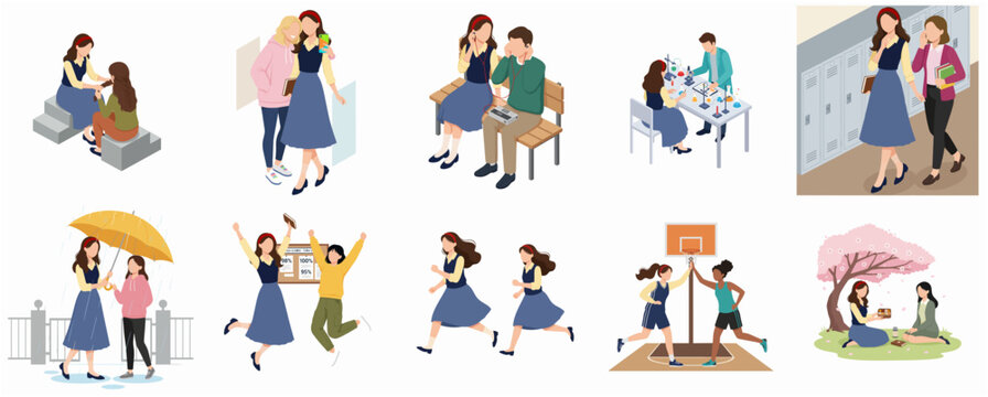 Modern Flat Design Illustration Set of Young Female Student Daily Life and Friendship Activities