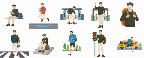 Fototapeta premium Modern Flat Design Young Male Student Character Urban Daily Life Commuting and Travel Activities Collection Illustration Set