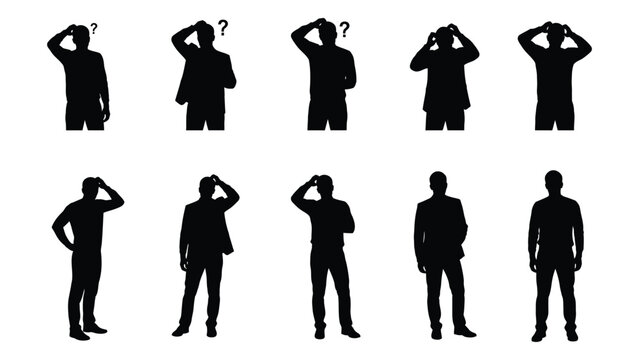 Silhouettes of men with hands on heads in various poses expressing confusion