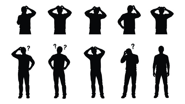 Silhouette series depicting men with hands covering eyes questioning and various poses