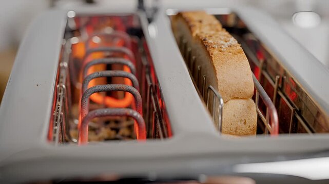 Closeup of a toaster with bread toasting and heating elements glowing red.
