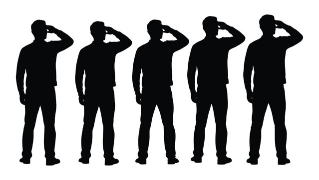 A line of silhouetted figures saluting representing respect military service or unity