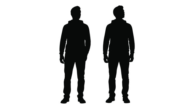 Two men stand facing forward depicted as solid black silhouettes against a white background