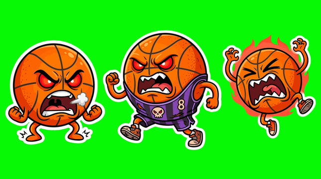 Cartoon Basketball Characters with Angry Expressions on Green Background.