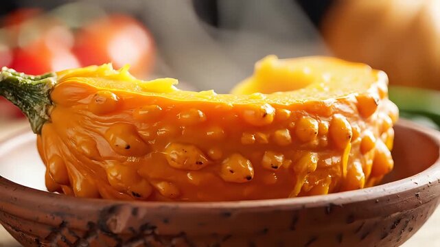 Closeup of a unique bumpy orange gourd in a rustic bowl.